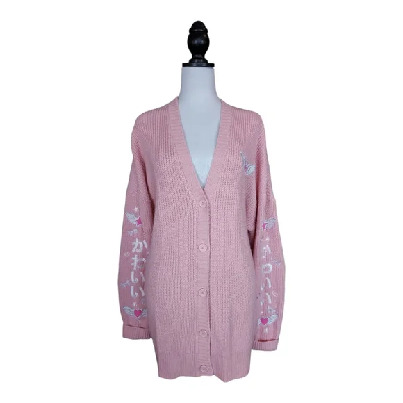 Hot Topic Pink & White Kawaii Wings Embroidered Long Sleeve Cardigan Size XL - Picture 2 of 9